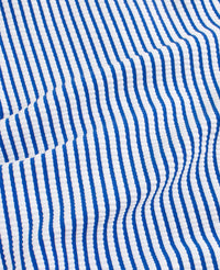Baby Girls Blue Seersucker Long Sleeve One Piece Rash Guard Swimsuit with Signature Rear Ruffles
