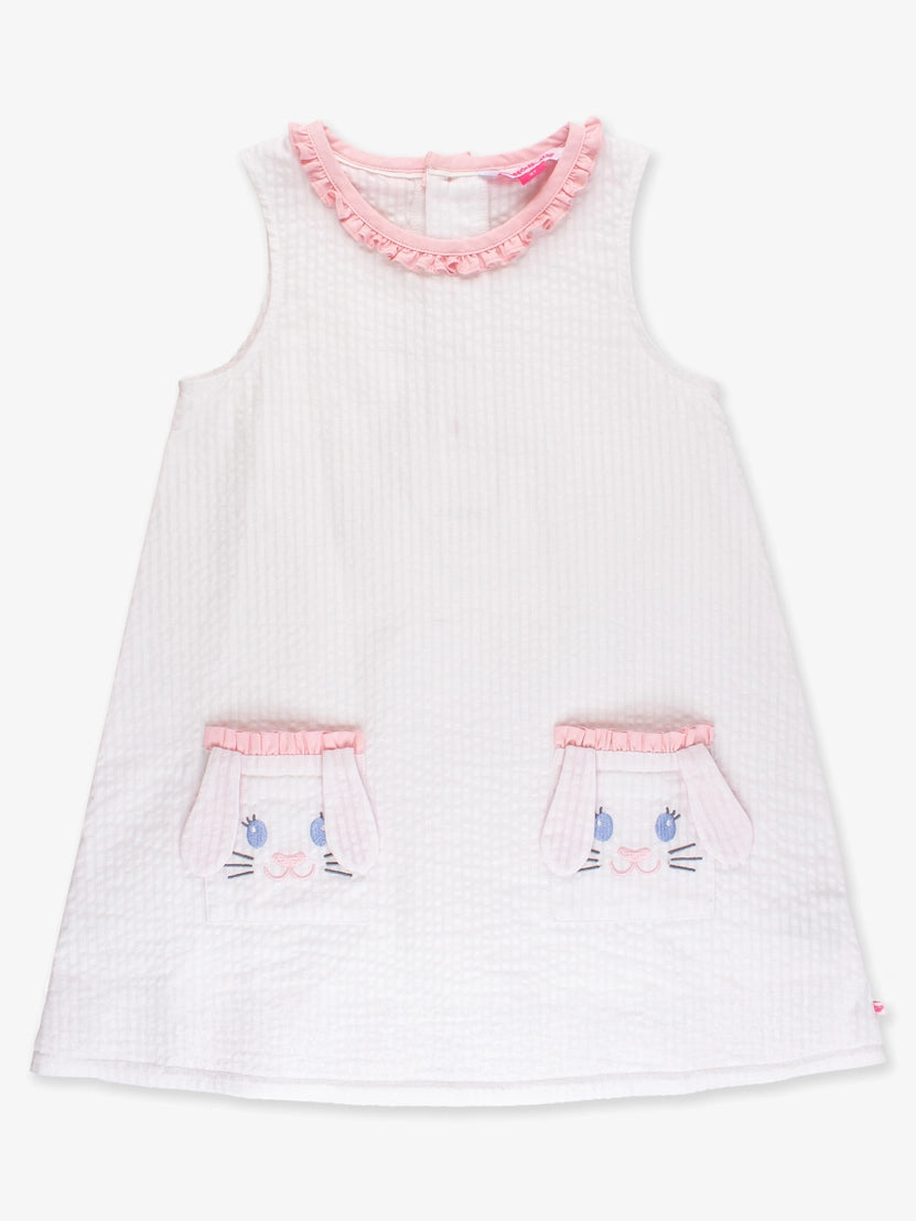 Girls Pink Bunny Ears Seersucker Ruffle Pocket Dress
