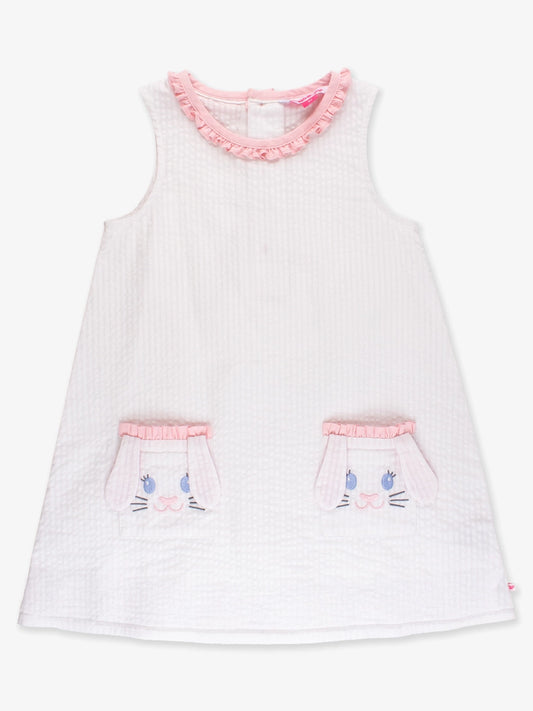 Girls Pink Bunny Ears Seersucker Ruffle Pocket Dress