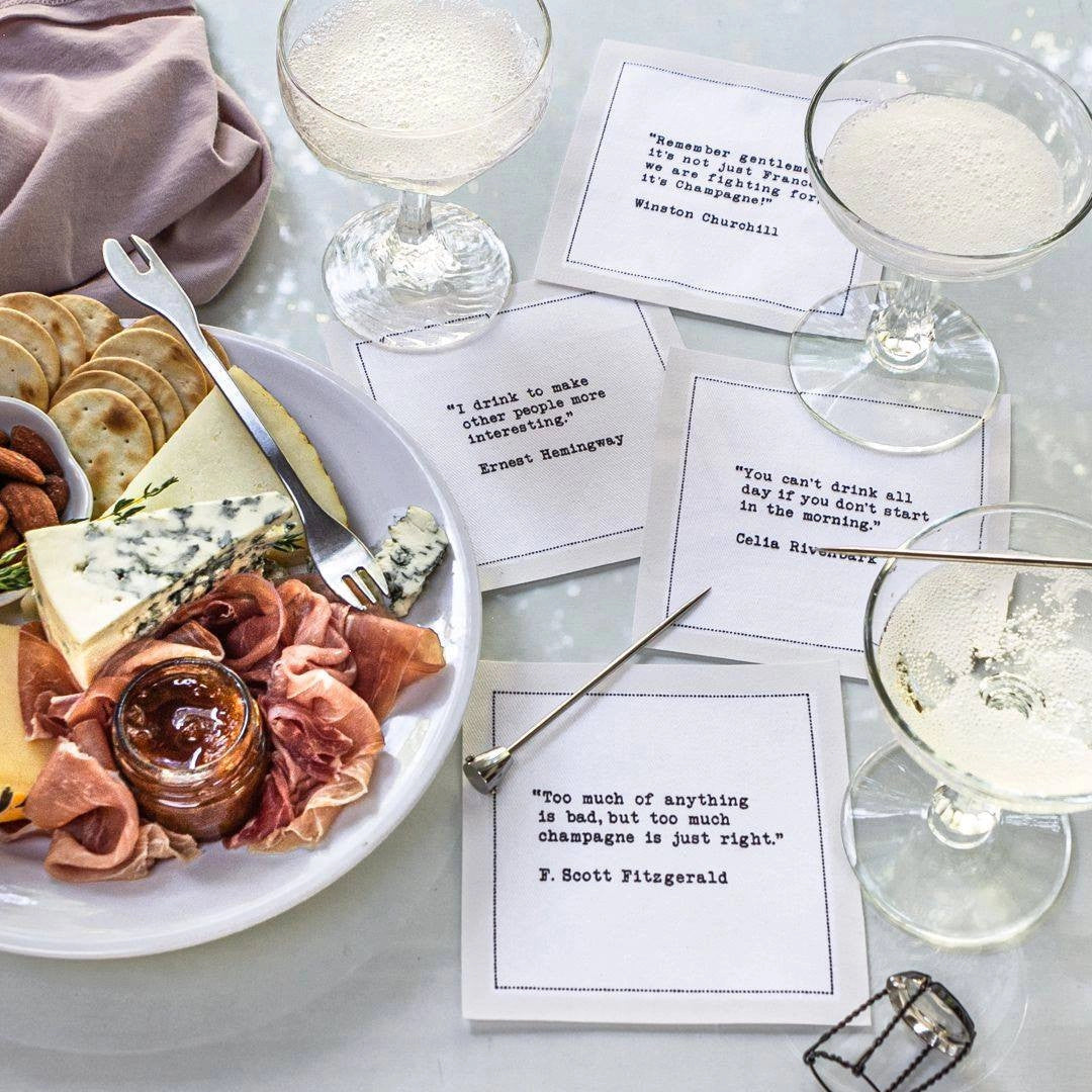 Drinking Quotes - White Cotton Cocktail Napkins