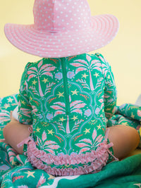 Baby Girls Coconut Cabana Long Sleeve One Piece Rash Guard Swimsuit with Signature Rear Ruffles