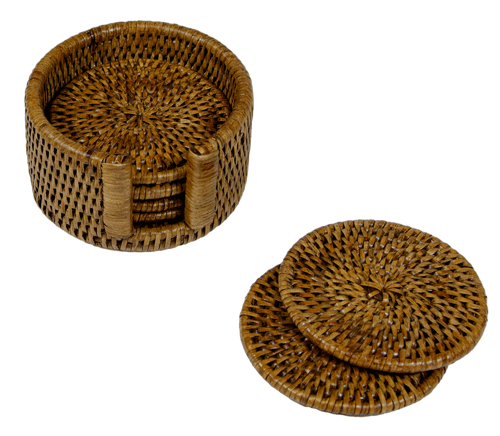 Rattan Round Coaster Set with Holder