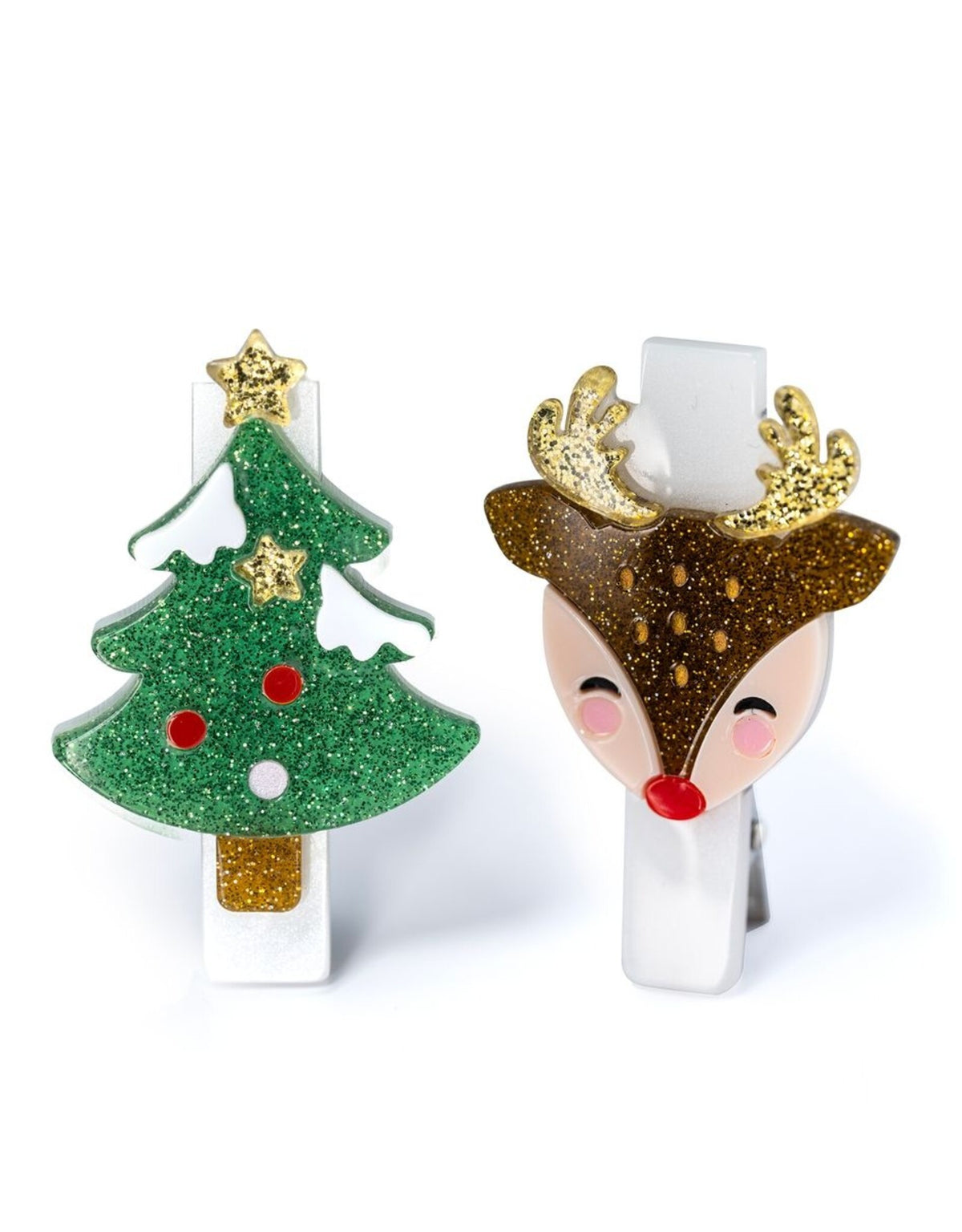 Tree Reindeer Glitter Hair Clips