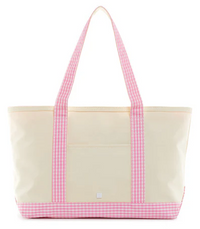 Medium Natural Coated Canvas Tote with Gingham Trim