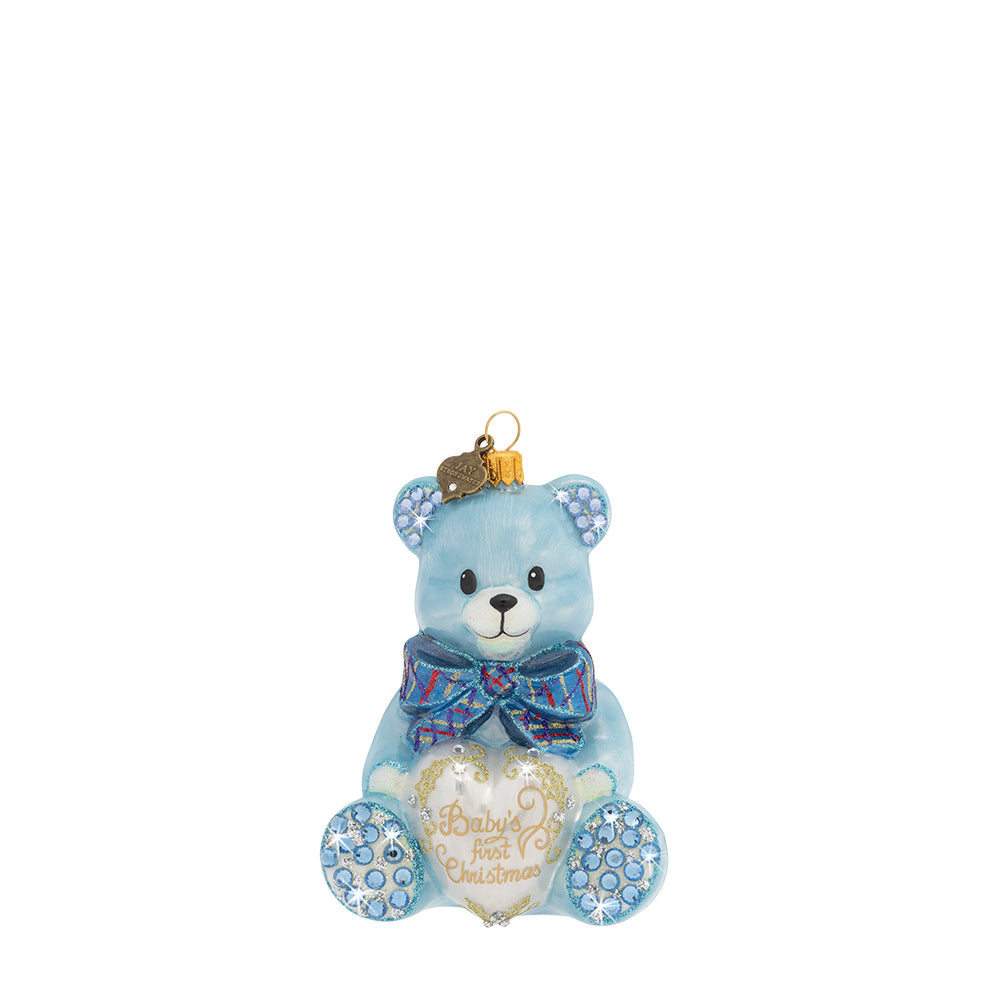 Baby's First Christmas Teddy Glass Ornament - Blue