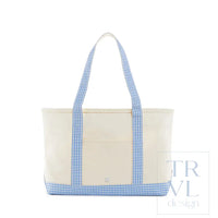 Medium Natural Coated Canvas Tote with Gingham Trim - Sky