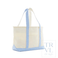 Medium Natural Coated Canvas Tote with Gingham Trim - Sky