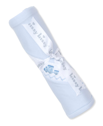 Light Blue Train Hand Embroidered Blanket