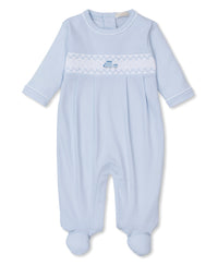Light Blue Train Hand Smocked Footie