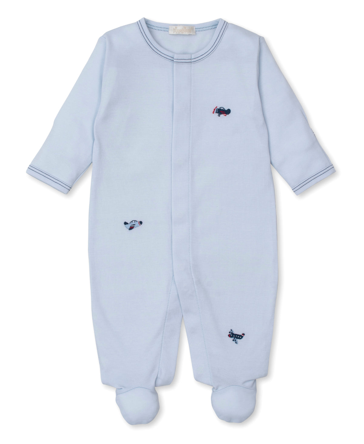 Light Blue Sky-High Planes Hand Embroidered Footie