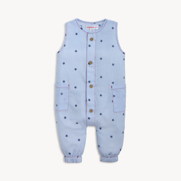 Seersucker Stripe Stars Slvless Pant Romper
